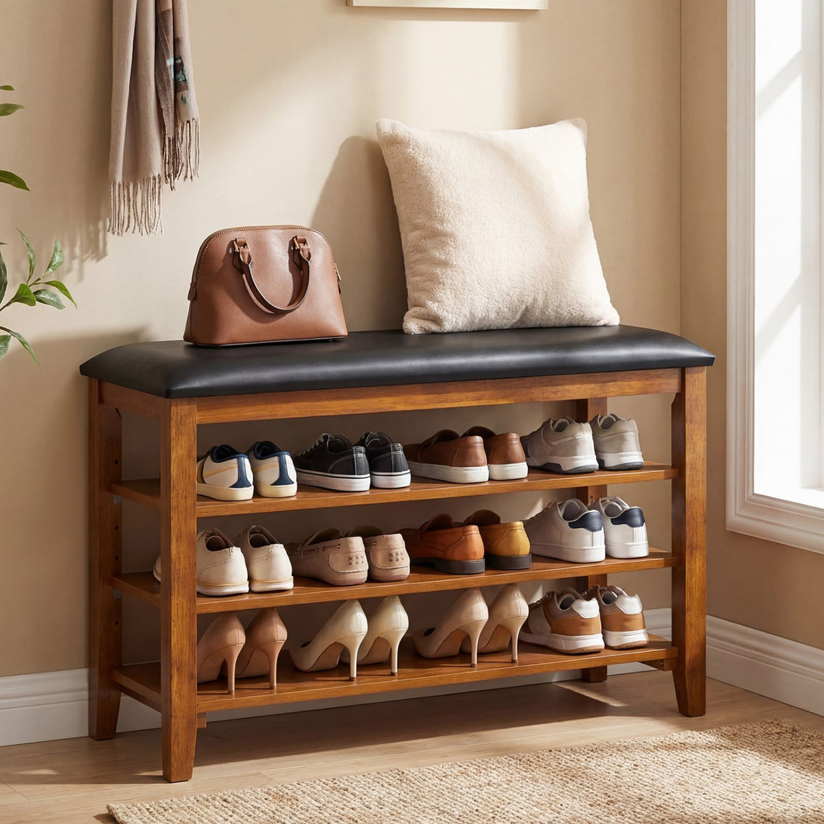 3-Tier Shoe Rack Bench with Adjustable Shelves and Soft Cushion for Entryway and Living Room-Brown view 3