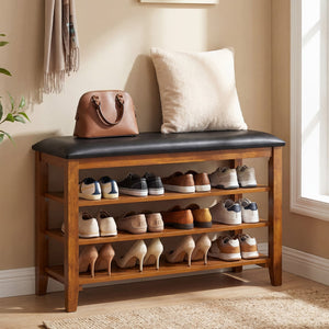 3-Tier Shoe Rack Bench with Adjustable Shelves and Soft Cushion for Entryway and Living Room-Brown view 3