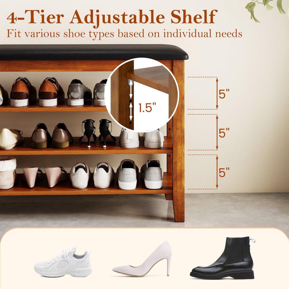 3-Tier Shoe Rack Bench with Adjustable Shelves and Soft Cushion for Entryway and Living Room-Brown view 6