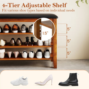 3-Tier Shoe Rack Bench with Adjustable Shelves and Soft Cushion for Entryway and Living Room-Brown view 6