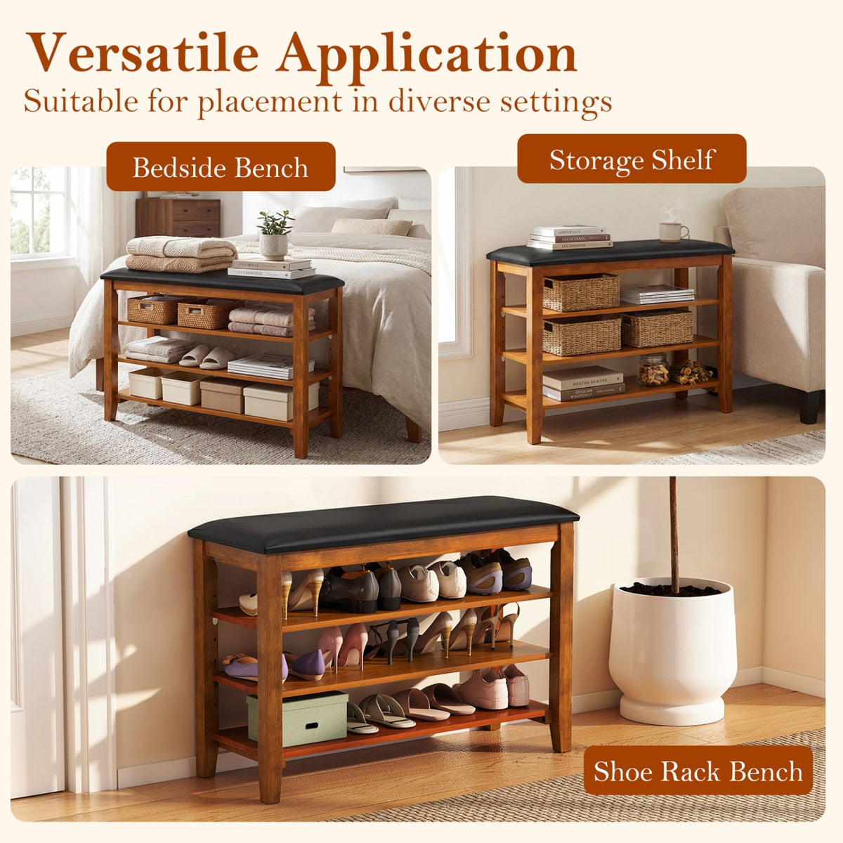3-Tier Shoe Rack Bench with Adjustable Shelves and Soft Cushion for Entryway and Living Room-Brown view 8