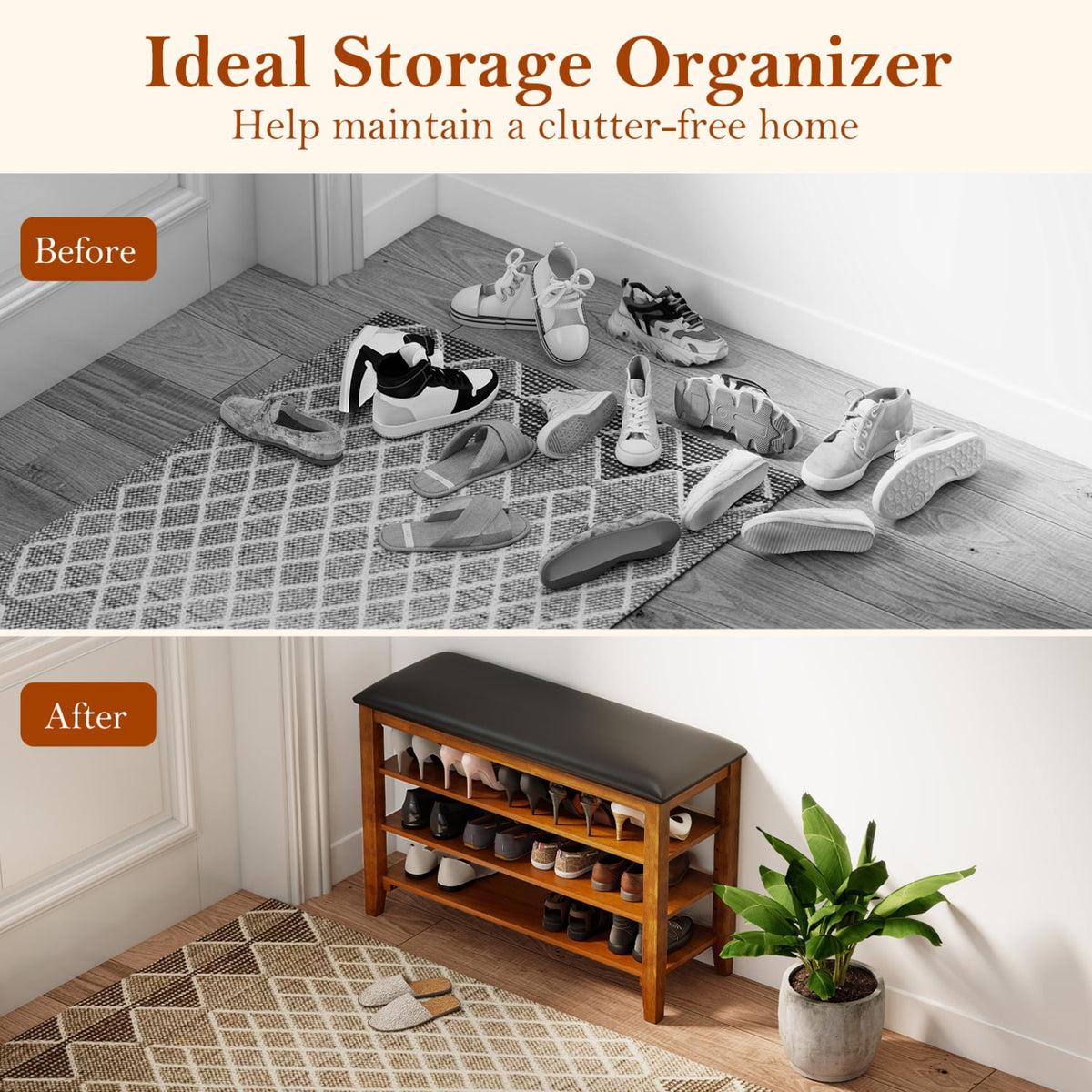 3-Tier Shoe Rack Bench with Adjustable Shelves and Soft Cushion for Entryway and Living Room-Brown view 9