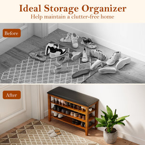 3-Tier Shoe Rack Bench with Adjustable Shelves and Soft Cushion for Entryway and Living Room-Brown view 9