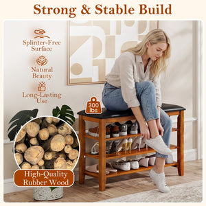 3-Tier Shoe Rack Bench with Adjustable Shelves and Soft Cushion for Entryway and Living Room-Brown view 7