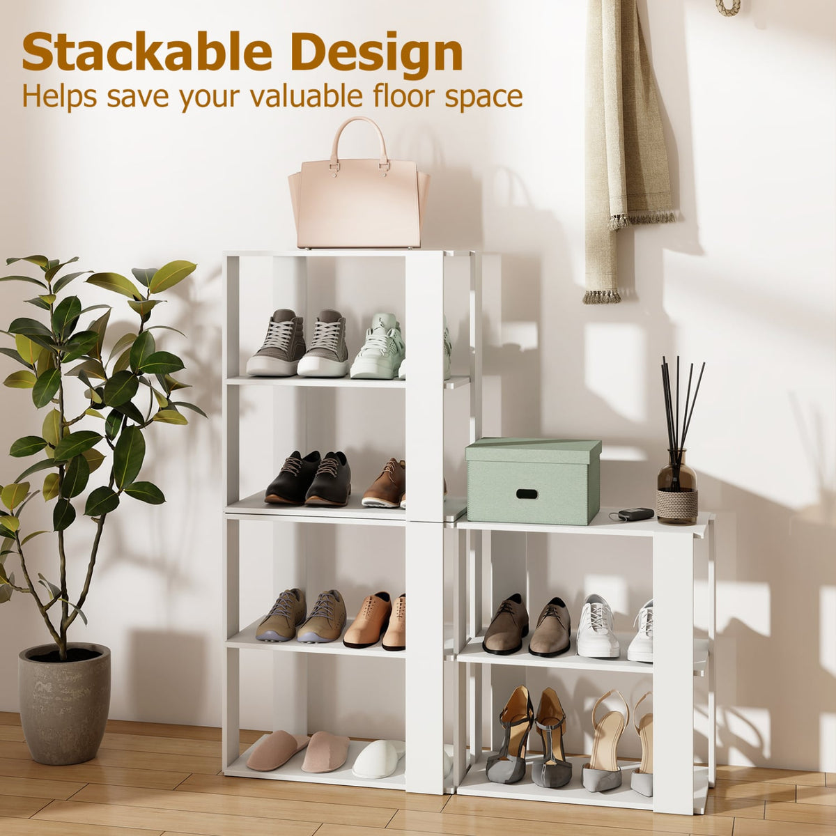 3-Tier Shoe Rack Set of 2 with Stackable Design and Anti-Tipping Device for Closet-White view 9