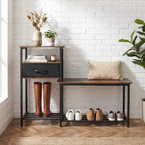 3-Tier Shoe Storage Rack Bench with Drawer and Metal Frame-Rustic Brown view 2