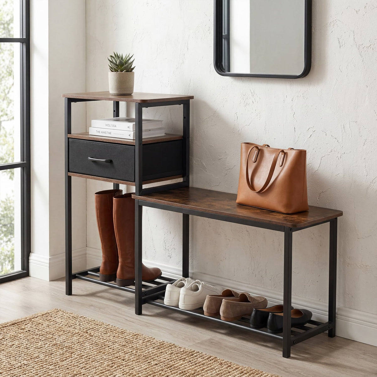3-Tier Shoe Storage Rack Bench with Drawer and Metal Frame-Rustic Brown view 3