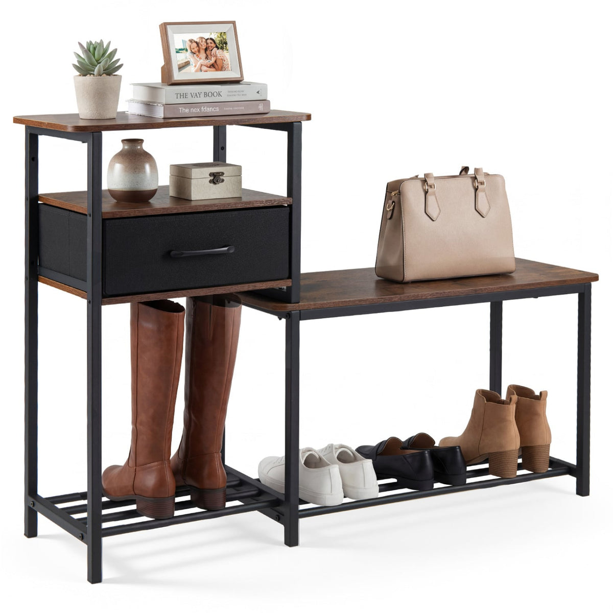 3-Tier Shoe Storage Rack Bench with Drawer and Metal Frame-Rustic Brown view 4