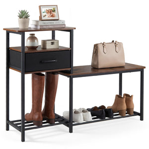 3-Tier Shoe Storage Rack Bench with Drawer and Metal Frame-Rustic Brown view 4