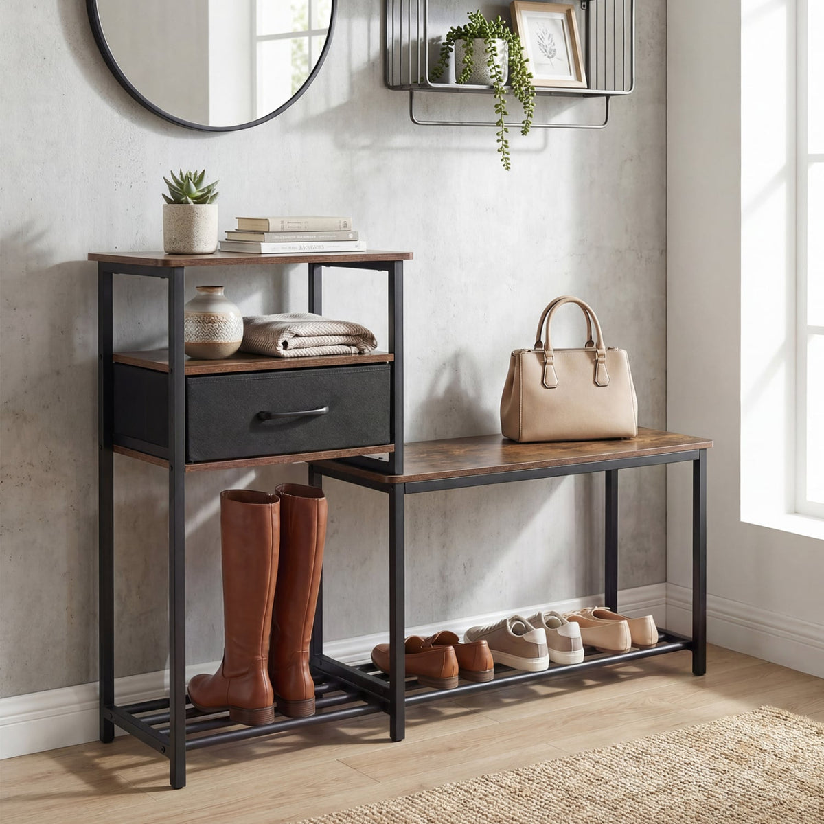 3-Tier Shoe Storage Rack Bench with Drawer and Metal Frame-Rustic Brown view 6
