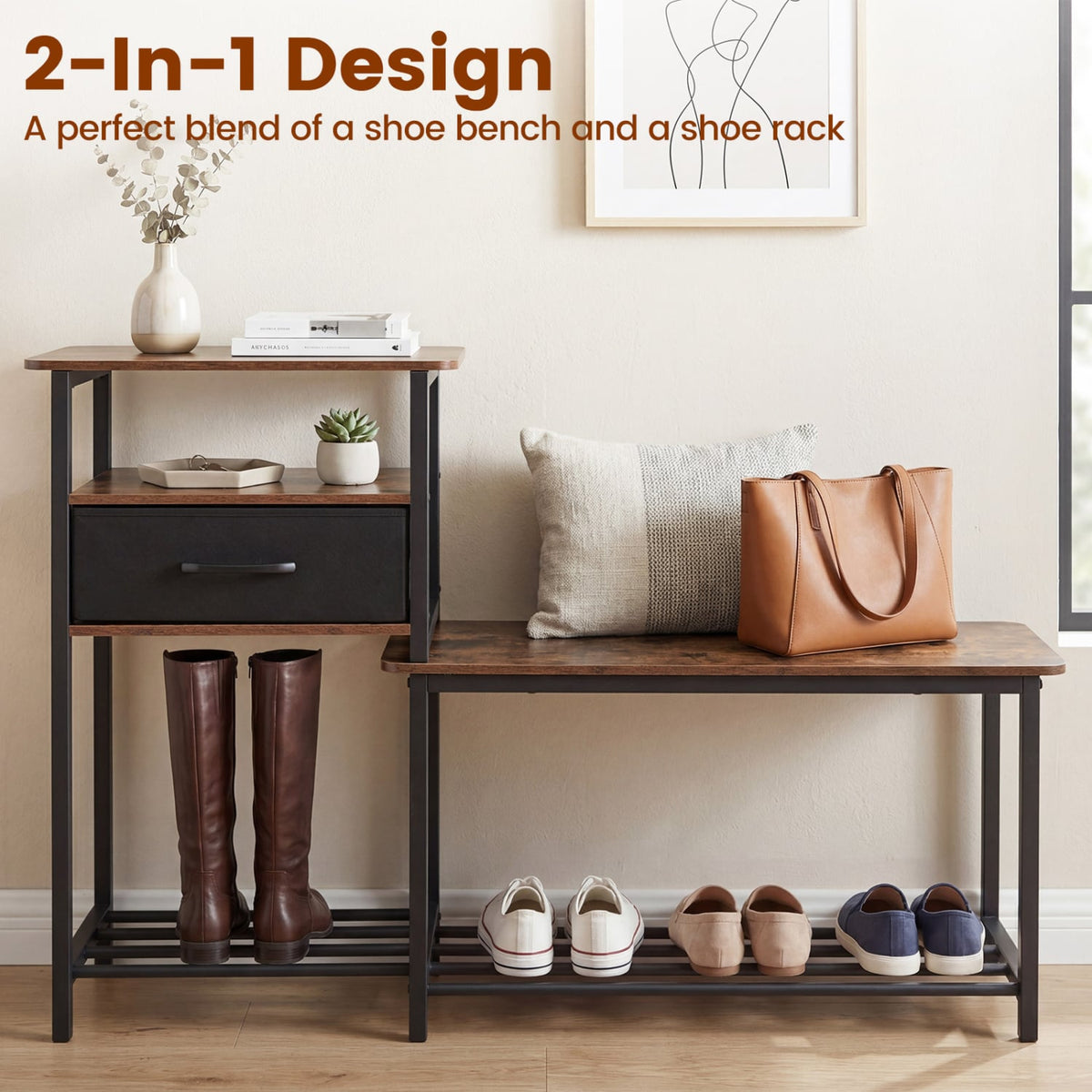 3-Tier Shoe Storage Rack Bench with Drawer and Metal Frame-Rustic Brown view 7