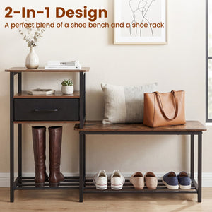 3-Tier Shoe Storage Rack Bench with Drawer and Metal Frame-Rustic Brown view 7