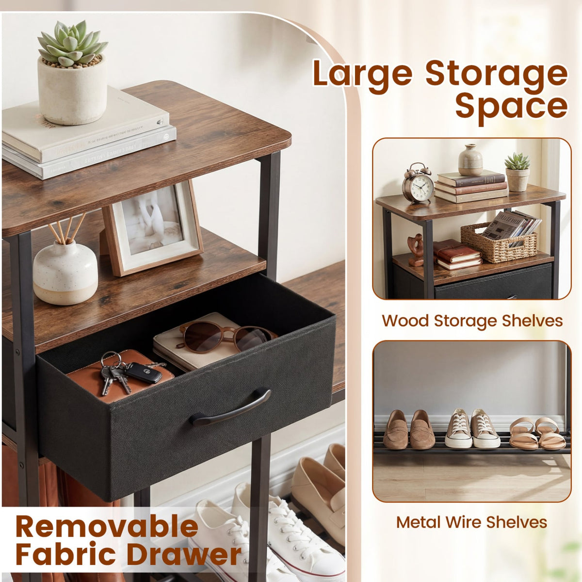 3-Tier Shoe Storage Rack Bench with Drawer and Metal Frame-Rustic Brown view 8