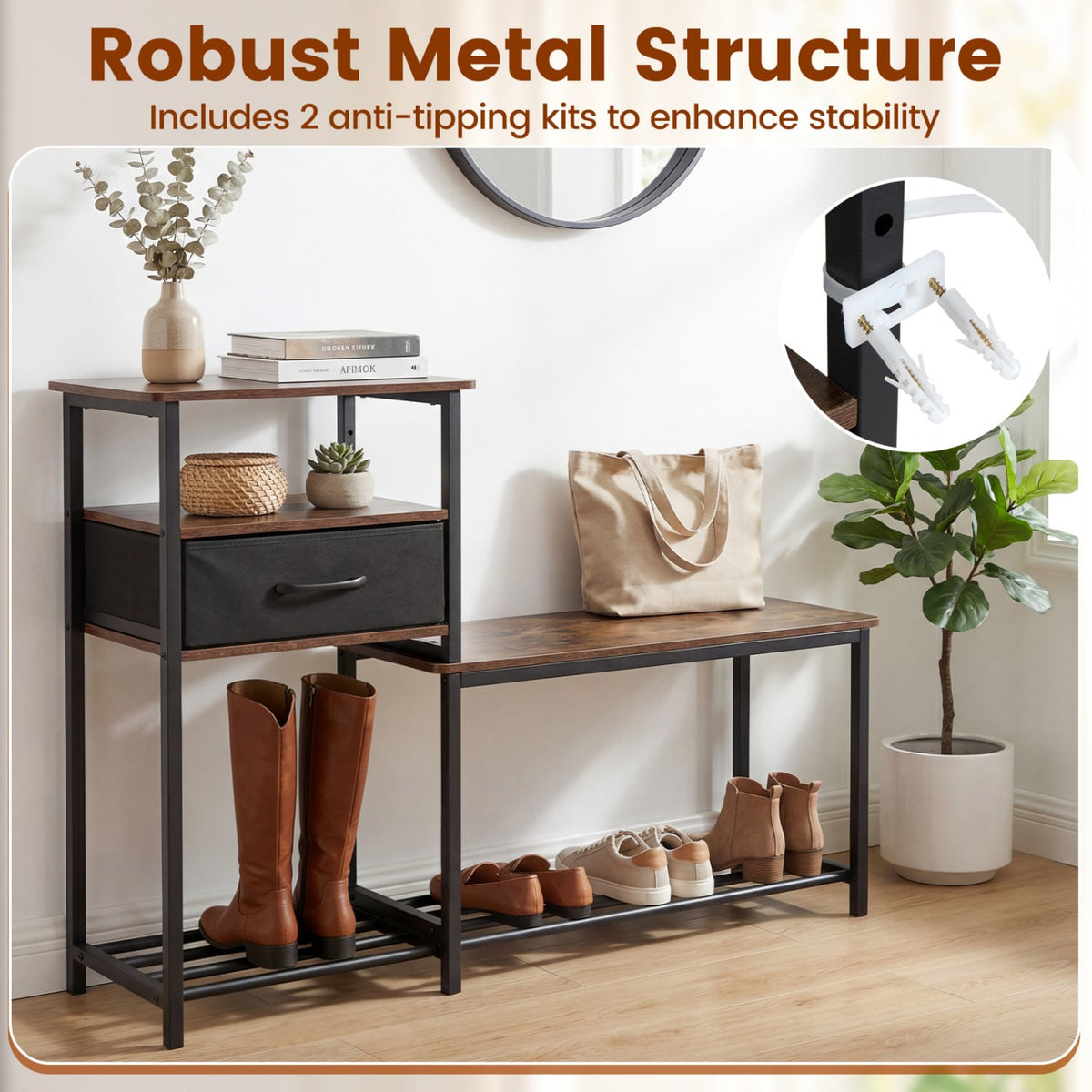 3-Tier Shoe Storage Rack Bench with Drawer and Metal Frame-Rustic Brown view 9