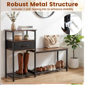 3-Tier Shoe Storage Rack Bench with Drawer and Metal Frame-Rustic Brown view 9
