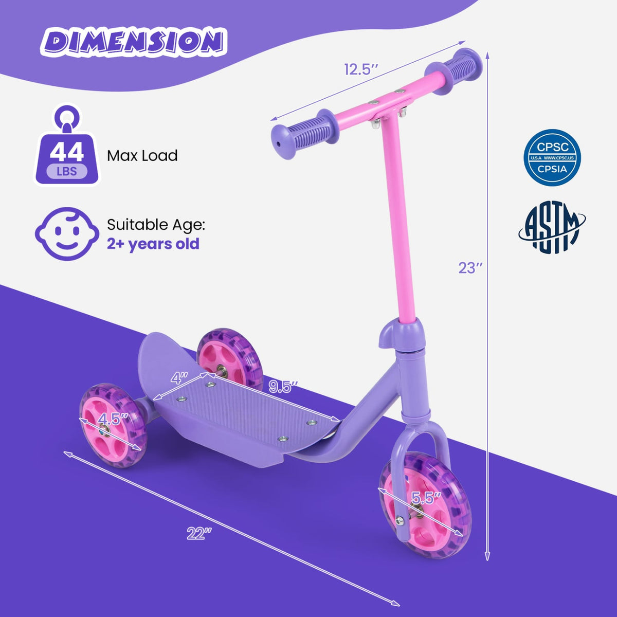 3 Wheels Scooter for Kids Age 2+ with LED Light-Up Wheels and Wide Anti-Slip Deck-Purple view 5