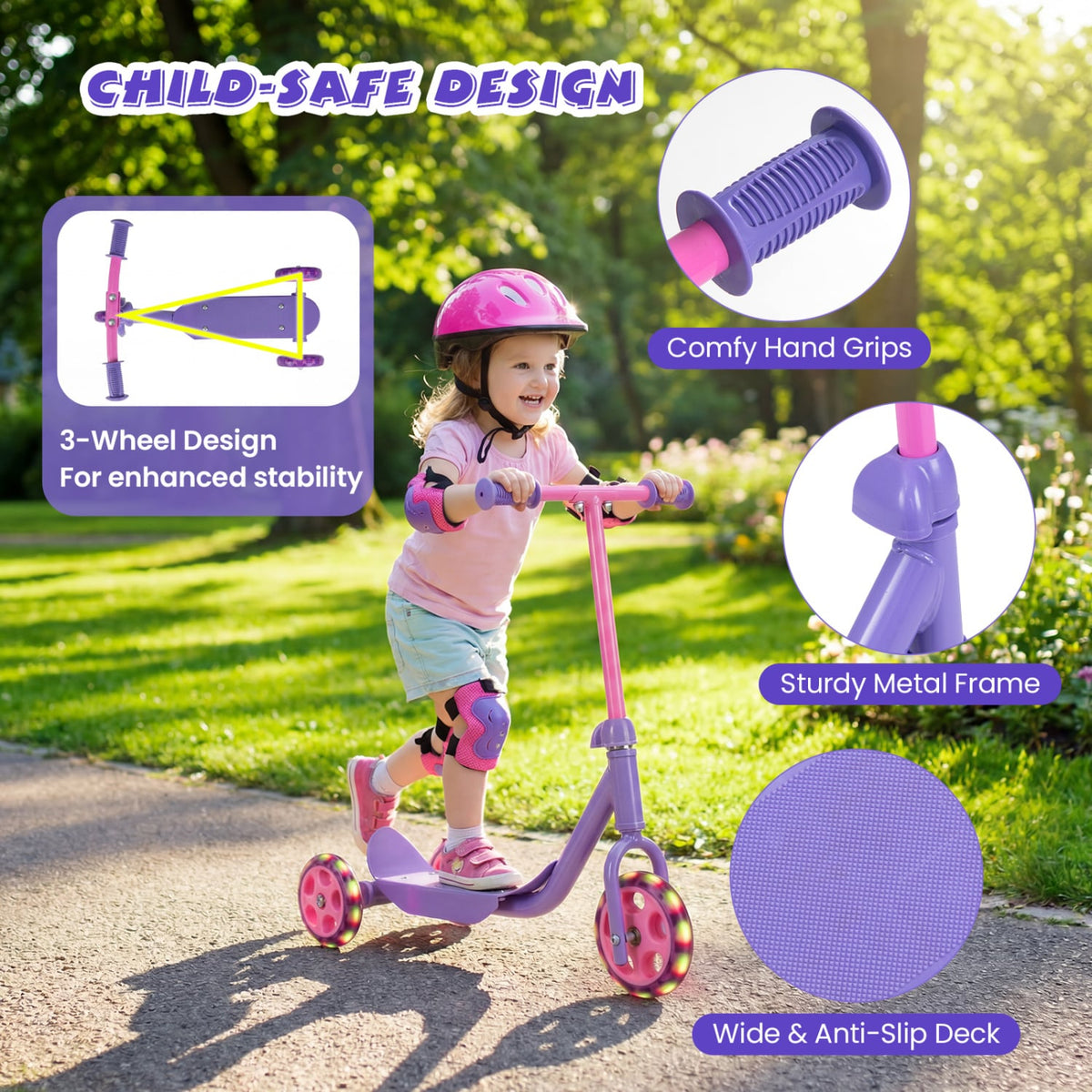 3 Wheels Scooter for Kids Age 2+ with LED Light-Up Wheels and Wide Anti-Slip Deck-Purple view 7