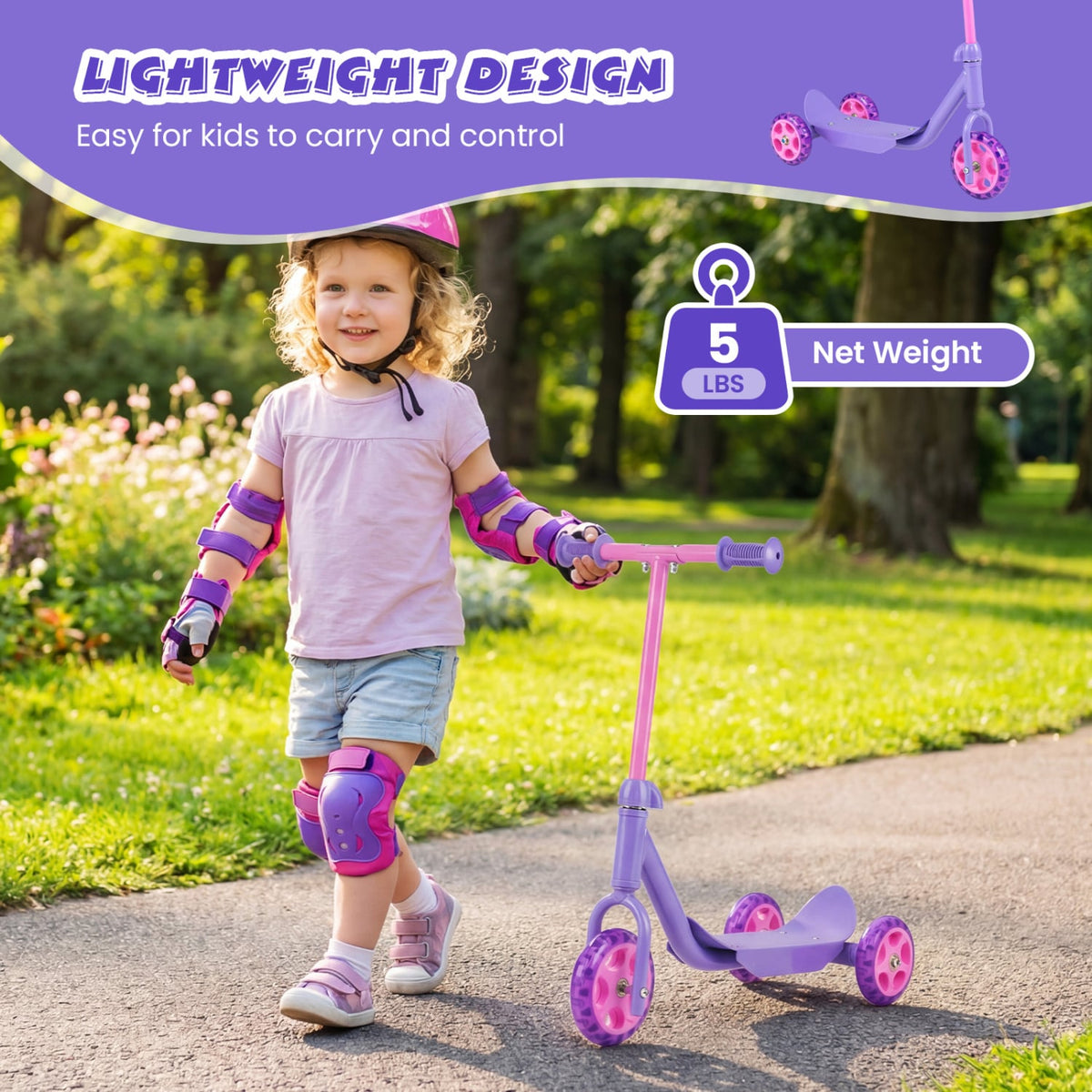 3 Wheels Scooter for Kids Age 2+ with LED Light-Up Wheels and Wide Anti-Slip Deck-Purple view 9