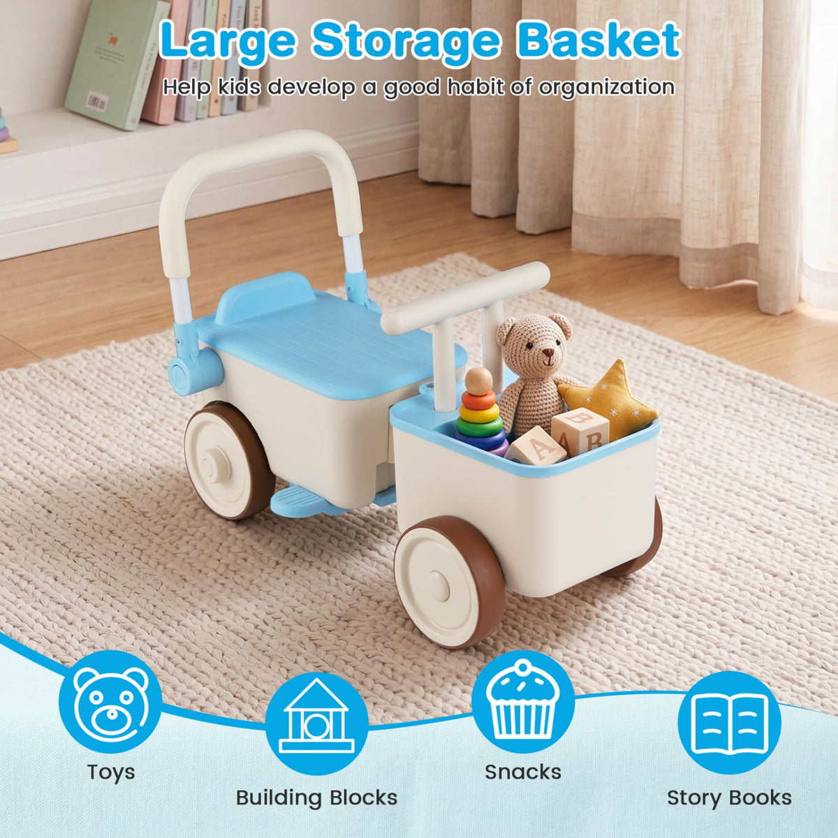 3-in-1 Kids Ride On Push Car with Rope and Storage Basket-Blue view 8