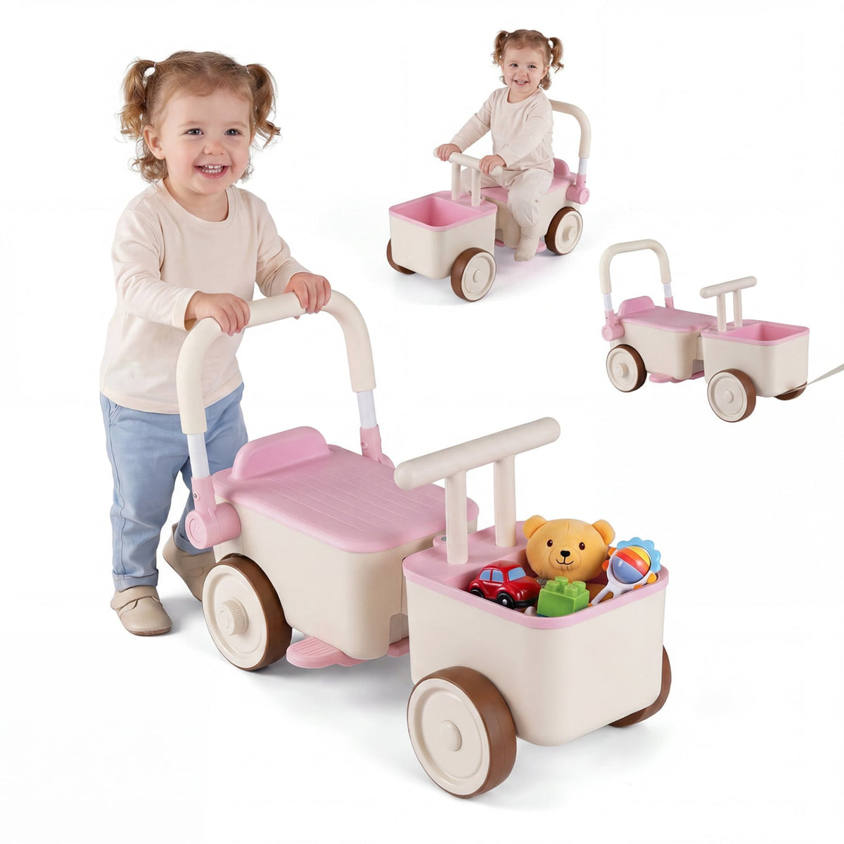3-in-1 Kids Ride On Push Car with Rope and Storage Basket-Pink view 3