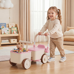 3-in-1 Kids Ride On Push Car with Rope and Storage Basket-Pink view 2