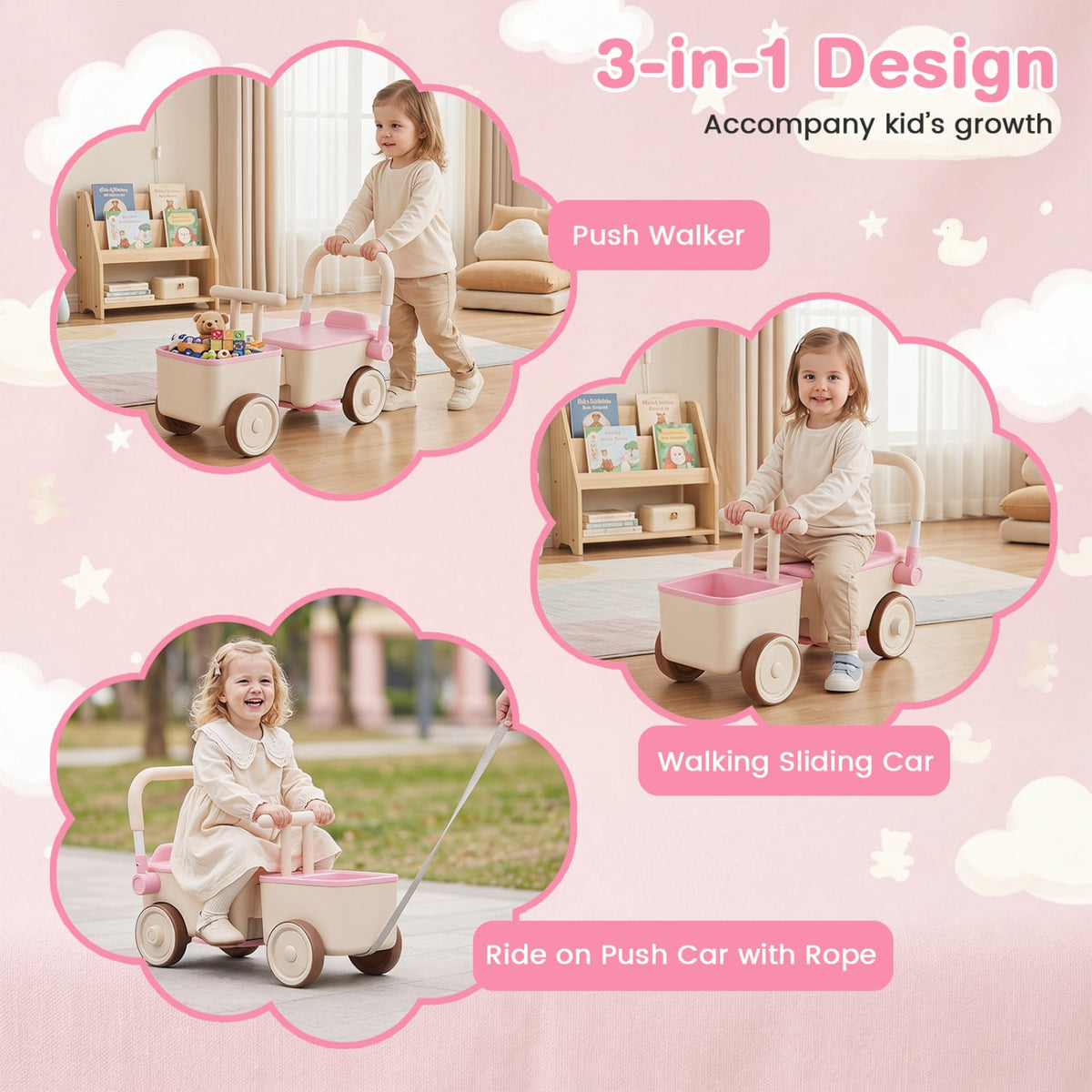 3-in-1 Kids Ride On Push Car with Rope and Storage Basket-Pink view 5