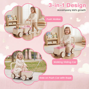 3-in-1 Kids Ride On Push Car with Rope and Storage Basket-Pink view 5