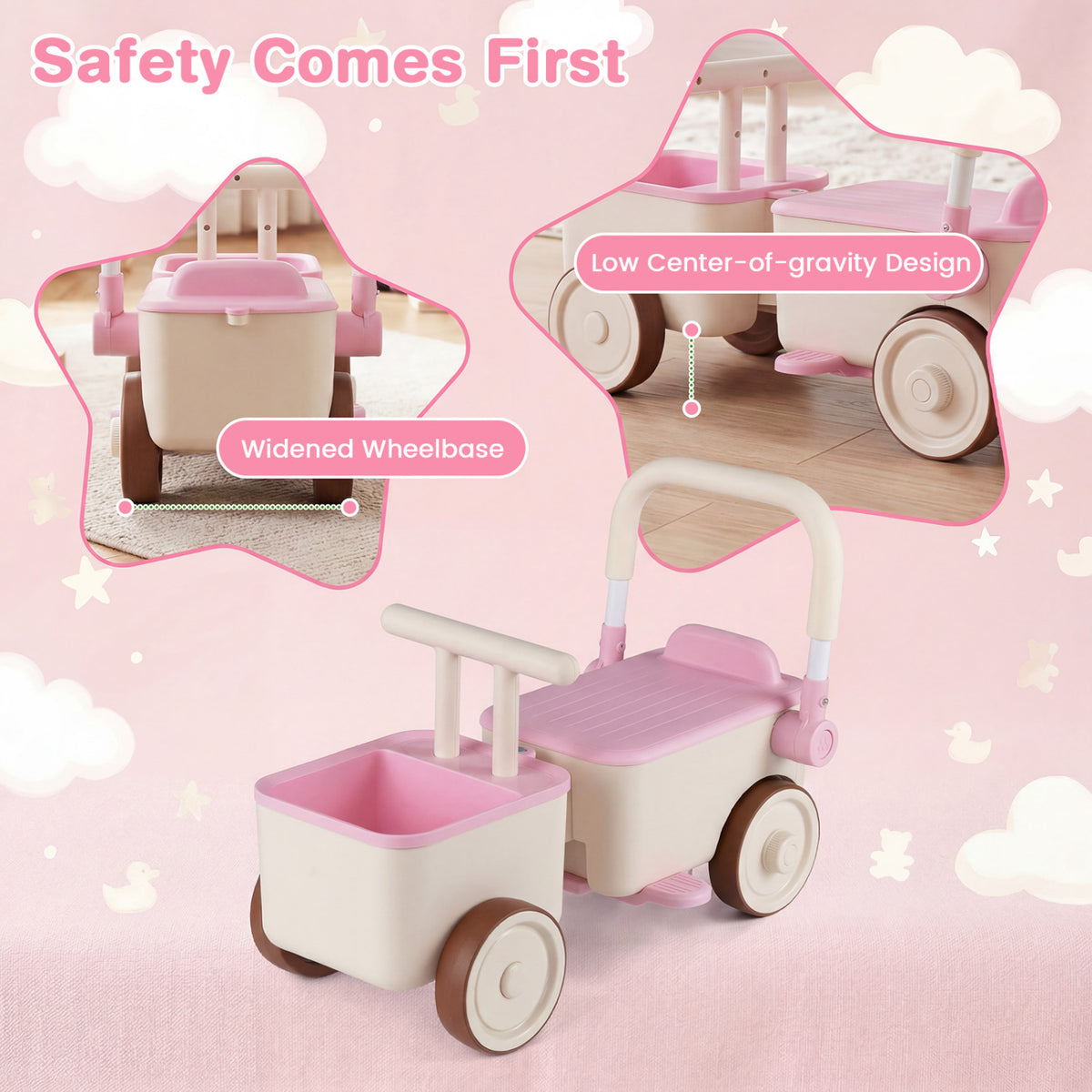 3-in-1 Kids Ride On Push Car with Rope and Storage Basket-Pink view 7