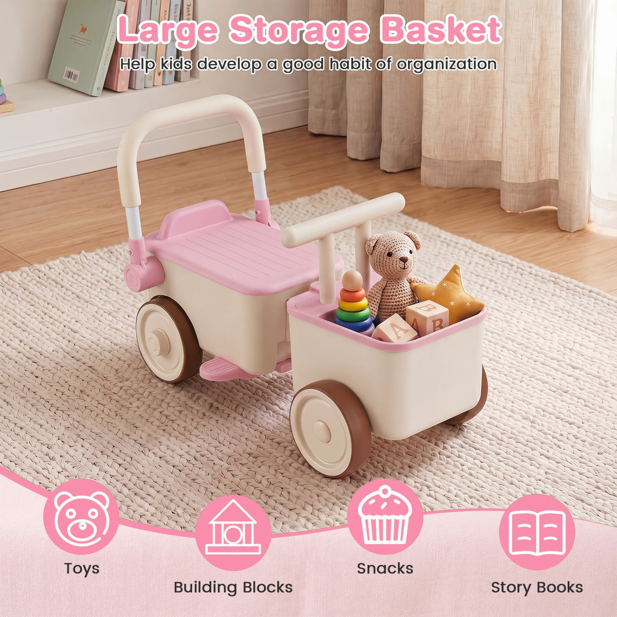 3-in-1 Kids Ride On Push Car with Rope and Storage Basket-Pink view 8