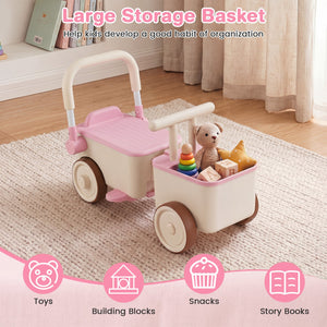 3-in-1 Kids Ride On Push Car with Rope and Storage Basket-Pink view 8