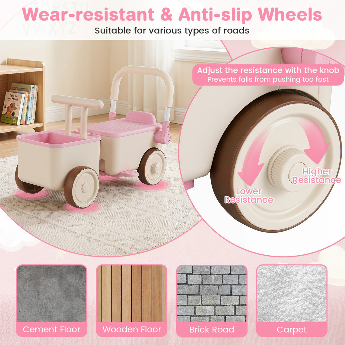 3-in-1 Kids Ride On Push Car with Rope and Storage Basket-Pink view 9