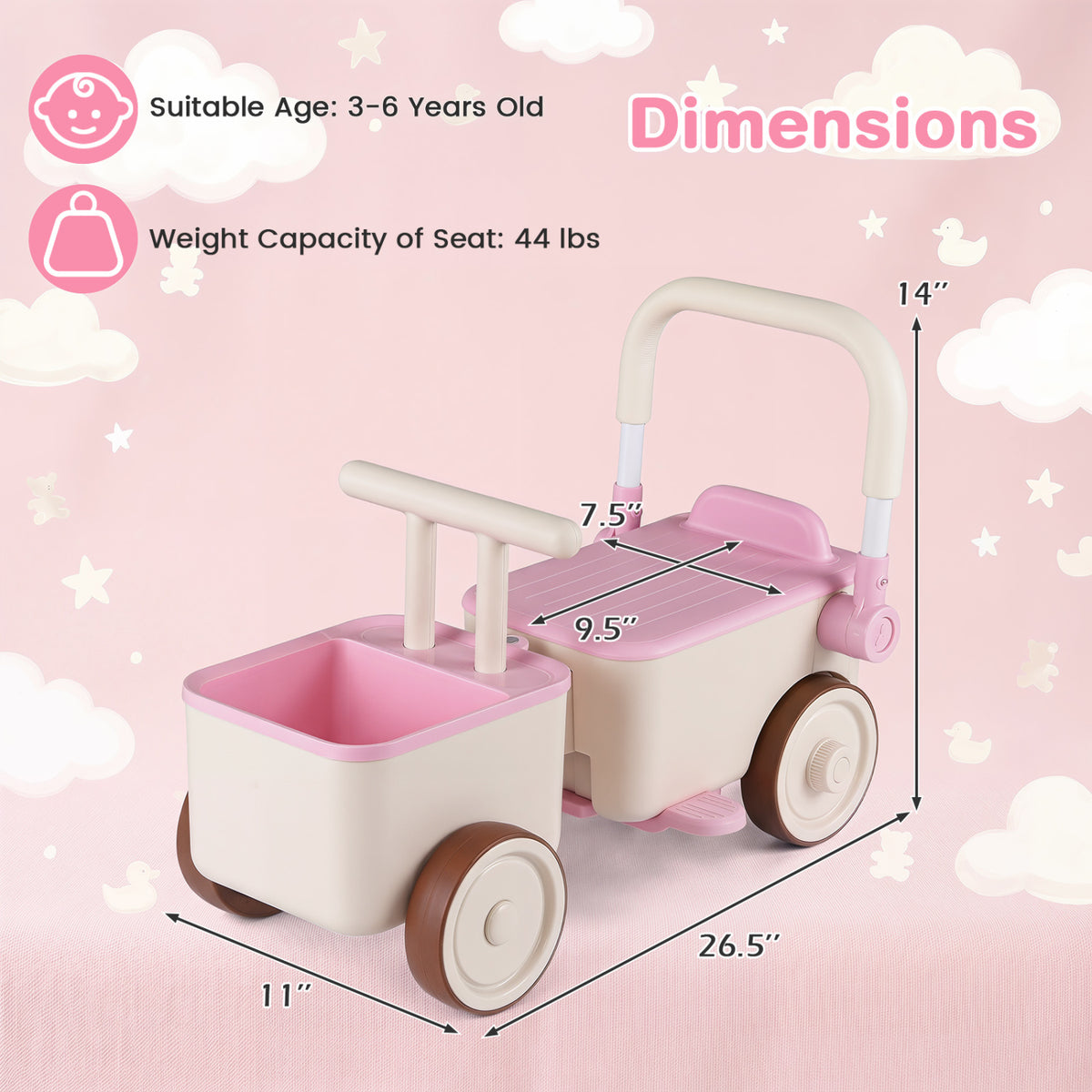 3-in-1 Kids Ride On Push Car with Rope and Storage Basket-Pink view 4