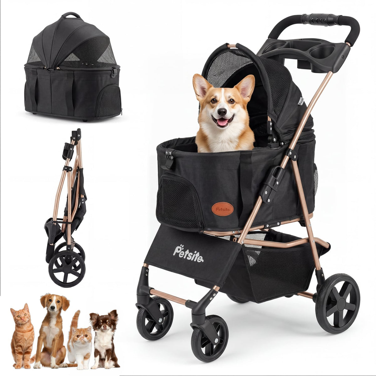 3-in-1 Pet Stroller for Small Medium Dogs Foldable with Detachable Carrier-Black view 4