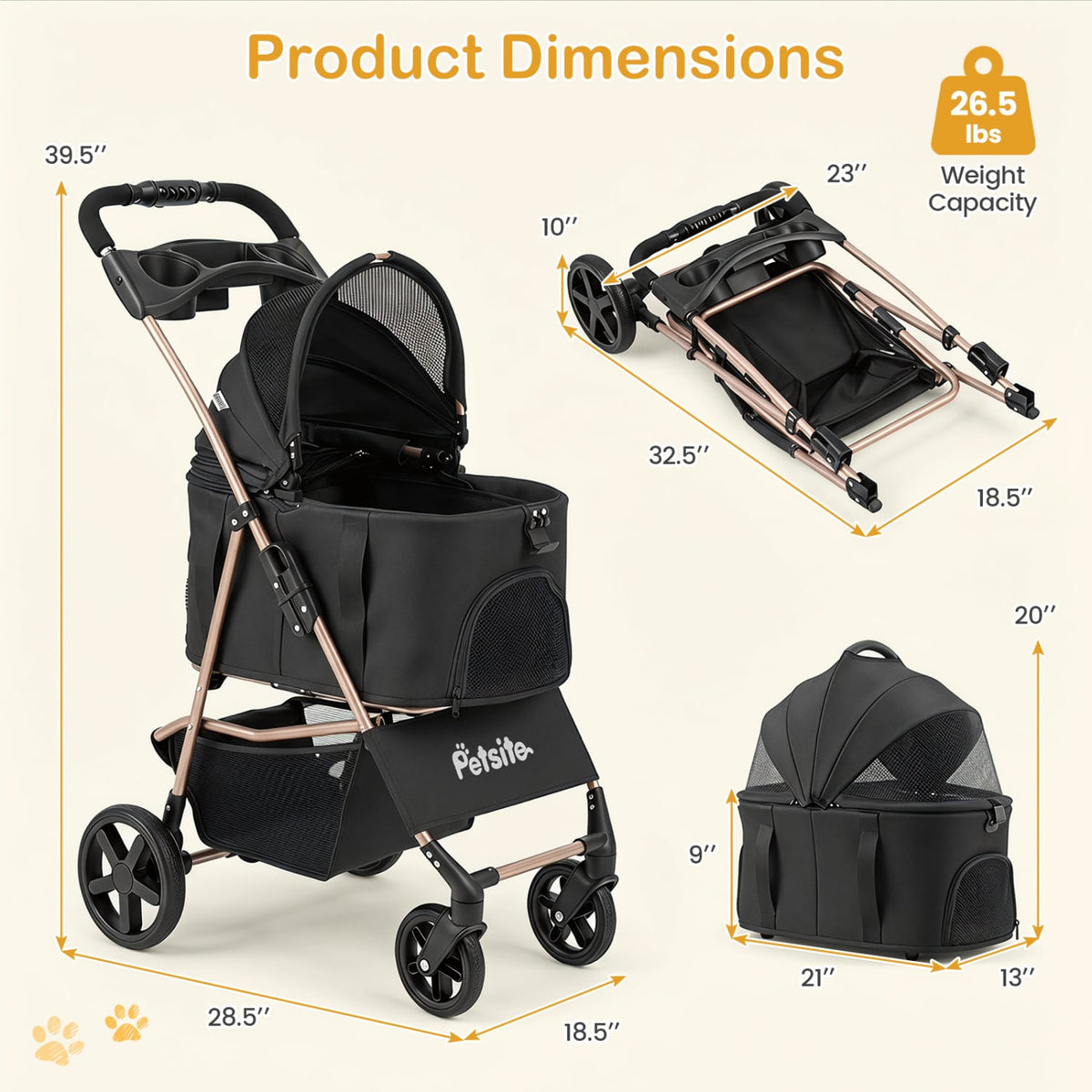 3-in-1 Pet Stroller for Small Medium Dogs Foldable with Detachable Carrier-Black view 5