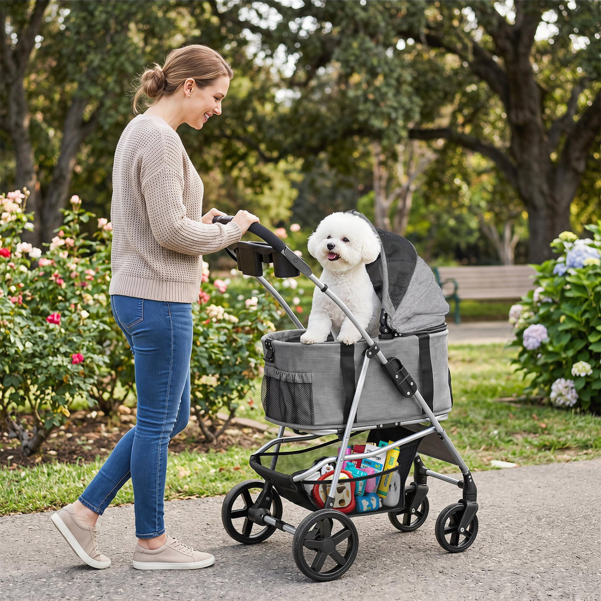 3-in-1 Pet Stroller for Small Medium Dogs Foldable with Detachable Carrier-Gray view 2