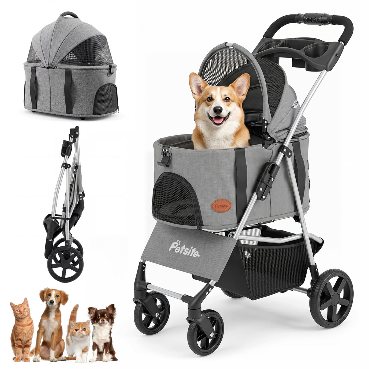 3-in-1 Pet Stroller for Small Medium Dogs Foldable with Detachable Carrier-Gray view 4