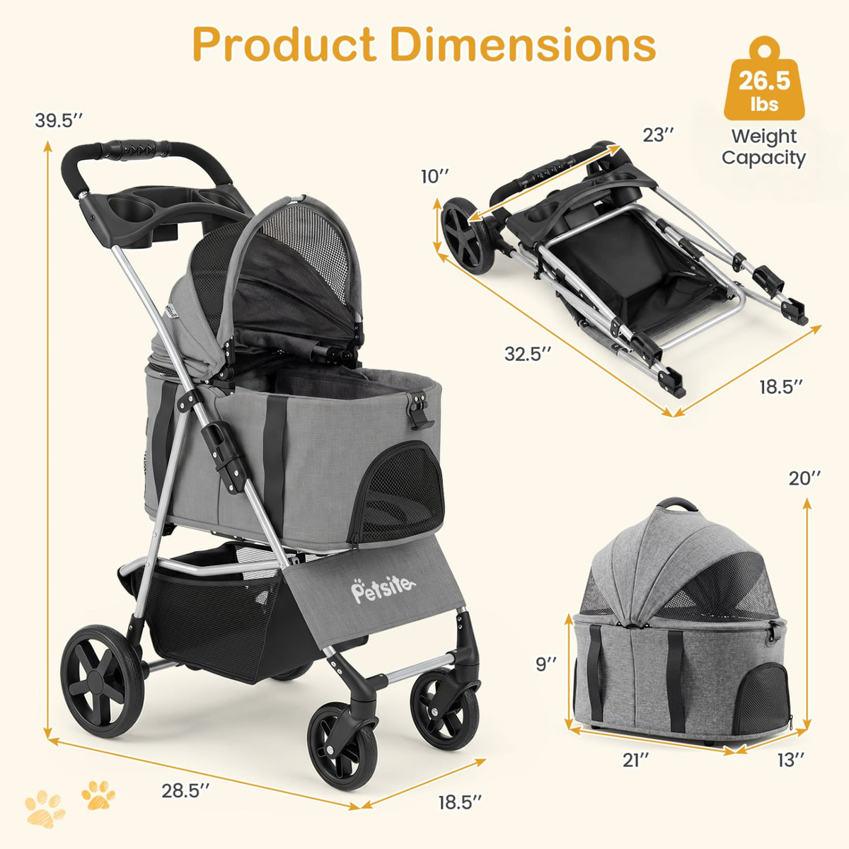 3-in-1 Pet Stroller for Small Medium Dogs Foldable with Detachable Carrier-Gray view 5