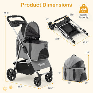 3-in-1 Pet Stroller for Small Medium Dogs Foldable with Detachable Carrier-Gray view 5