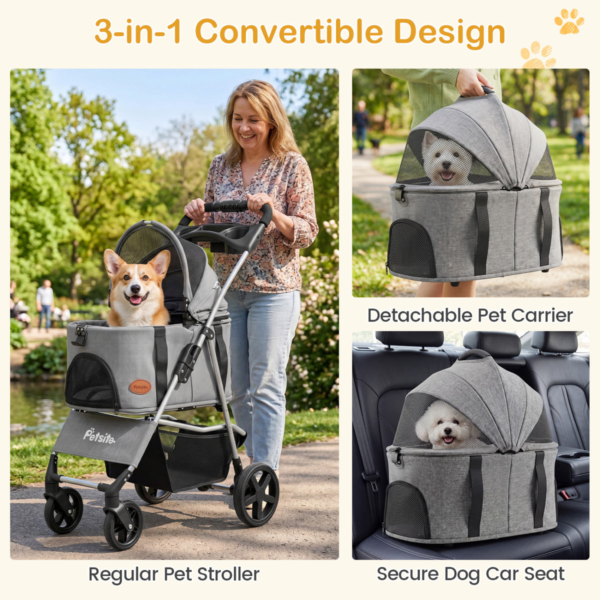 3-in-1 Pet Stroller for Small Medium Dogs Foldable with Detachable Carrier-Gray view 6