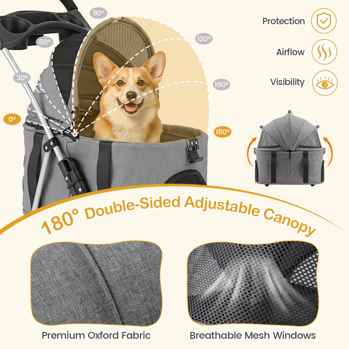 3-in-1 Pet Stroller for Small Medium Dogs Foldable with Detachable Carrier-Gray view 8