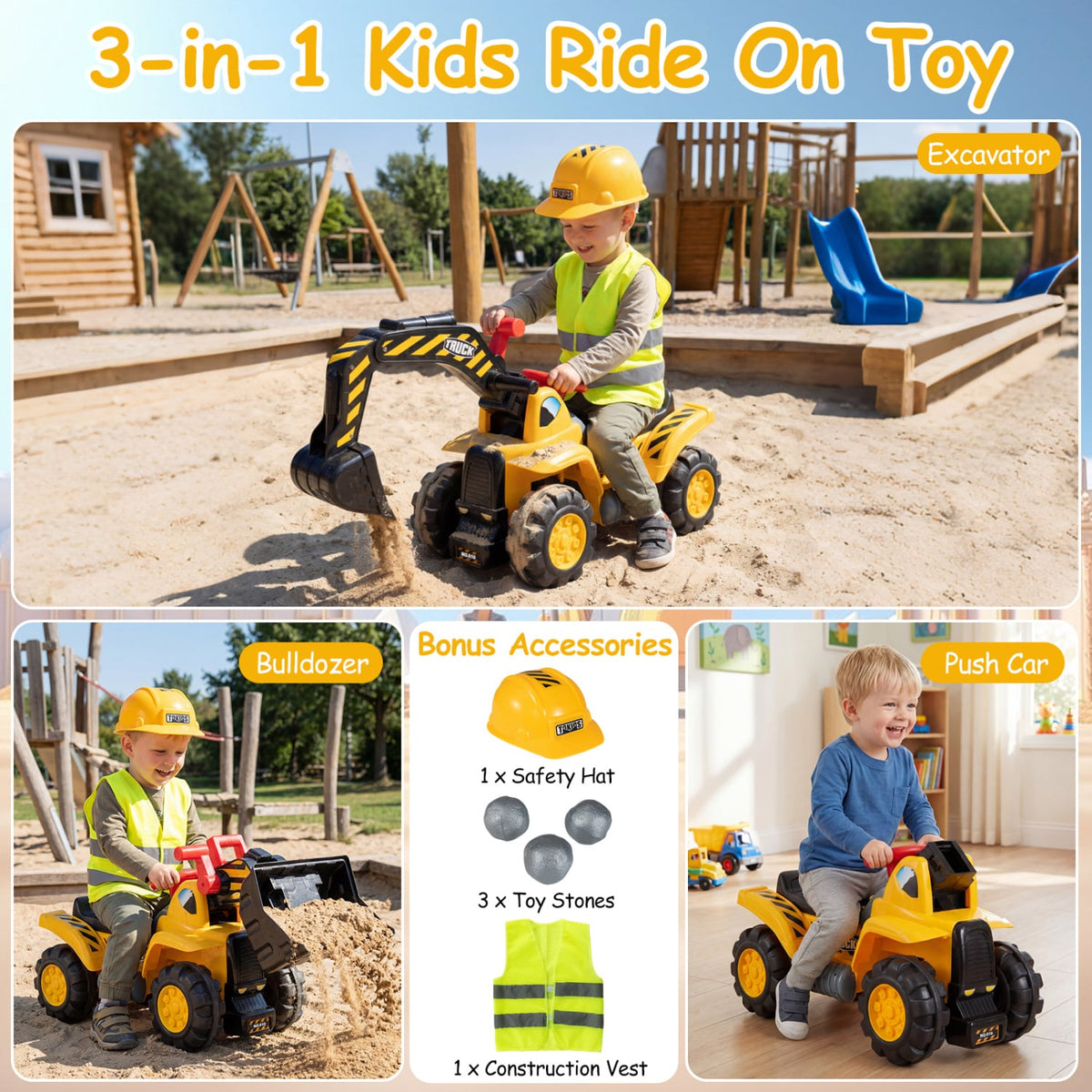 3-in-1 Ride on Excavator Bulldozer Detachable with Engine Sound and Helmet view 6