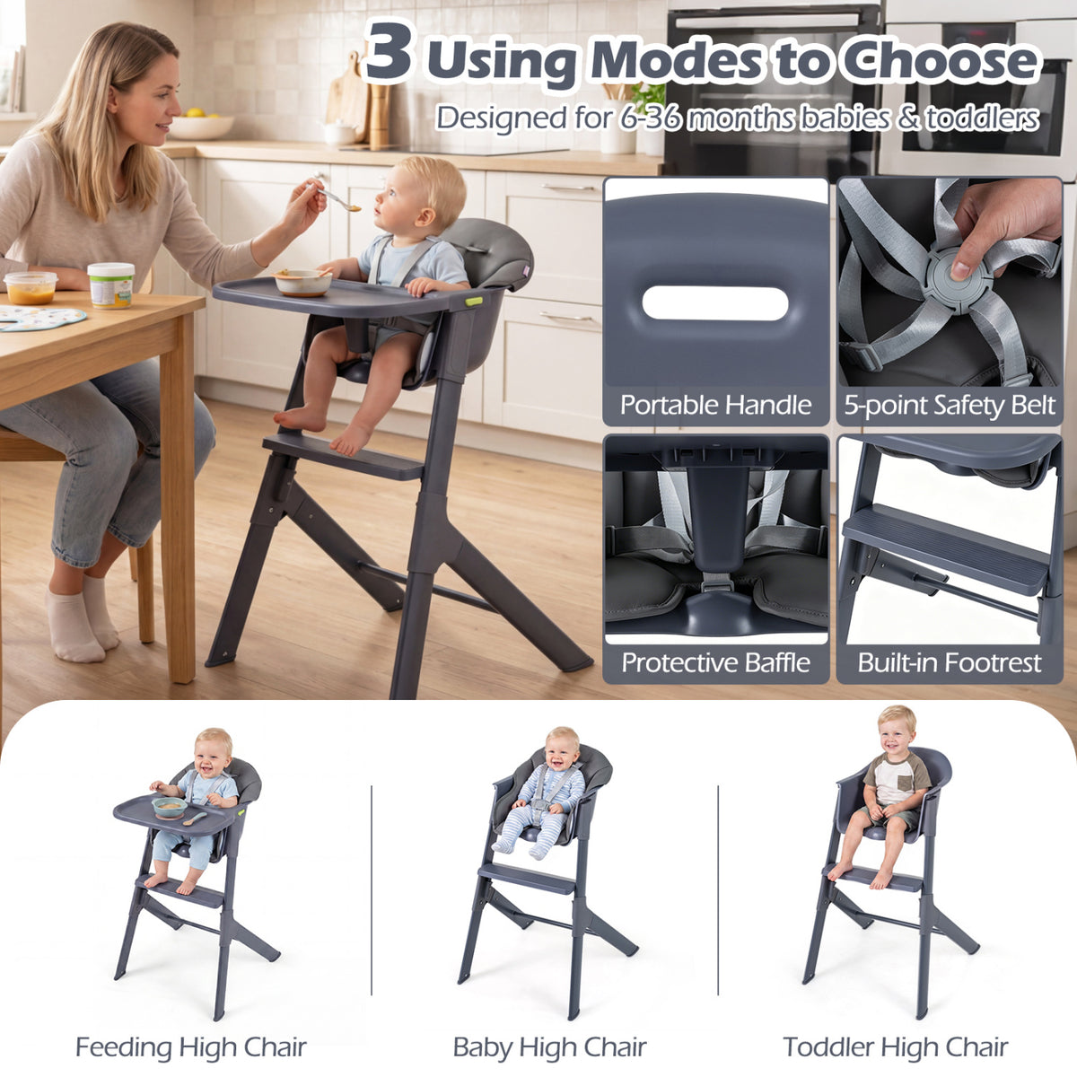 3-in-1 Washable Baby High Chair with Tray Footrest-Gray view 6