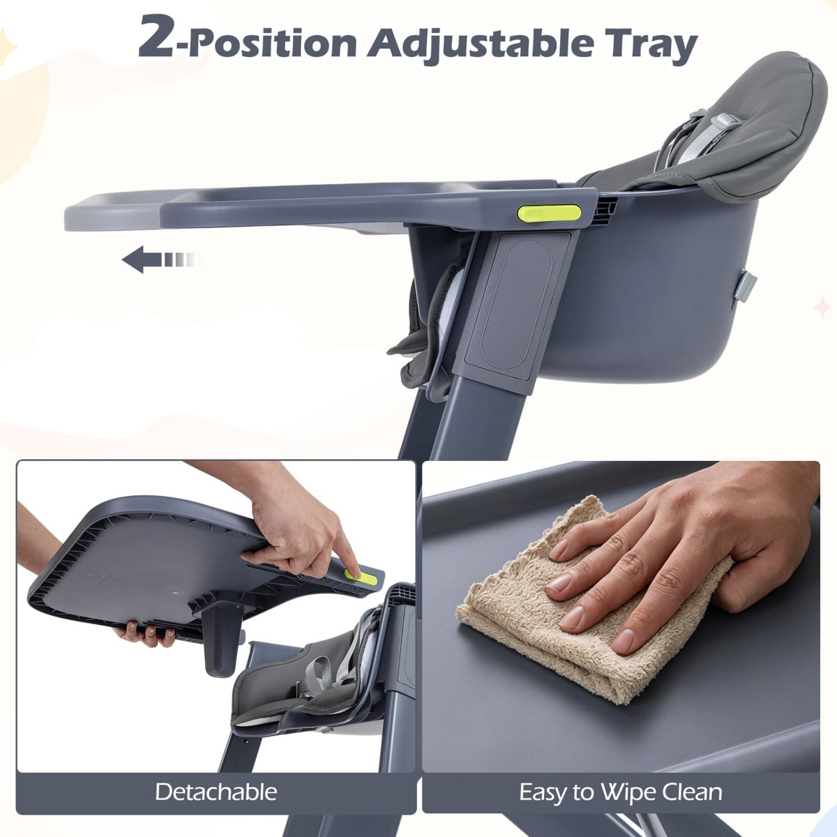 3-in-1 Washable Baby High Chair with Tray Footrest-Gray view 7