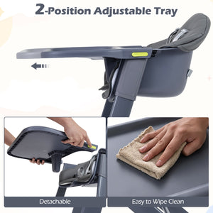 3-in-1 Washable Baby High Chair with Tray Footrest-Gray view 7