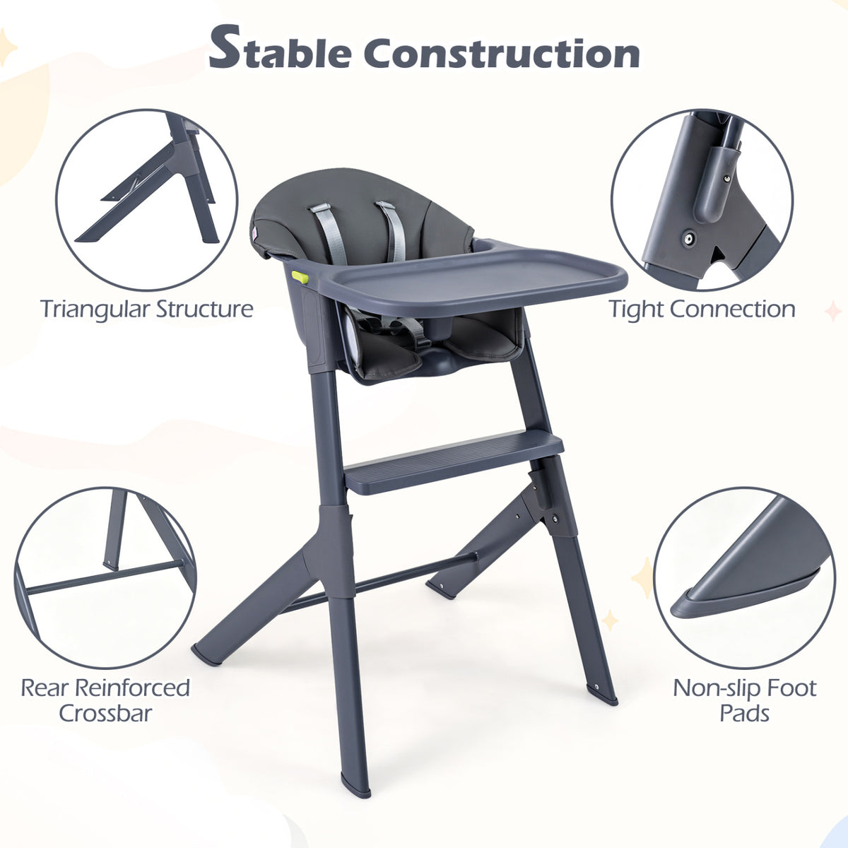3-in-1 Washable Baby High Chair with Tray Footrest-Gray view 8