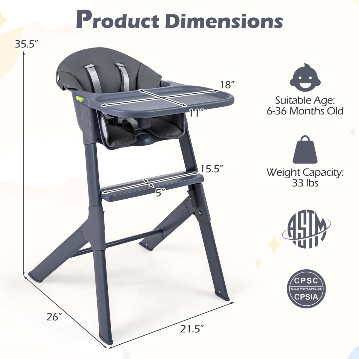 3-in-1 Washable Baby High Chair with Tray Footrest-Gray view 5