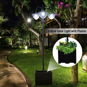 3-head LED Solar Light Lamp Street Light Post with Planter, Solar-powered Lamp Post, Black
