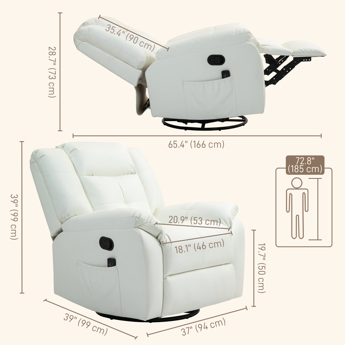 8-Point Vibration Massage Recliner Chair, PU Leather Manual Reclining Sofa, Swivel Nursery Rocking Chair with Remote Control, Side Pockets, for Living Room, Cream White