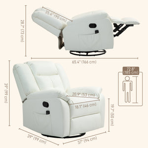 8-Point Vibration Massage Recliner Chair, PU Leather Manual Reclining Sofa, Swivel Nursery Rocking Chair with Remote Control, Side Pockets, for Living Room, Cream White