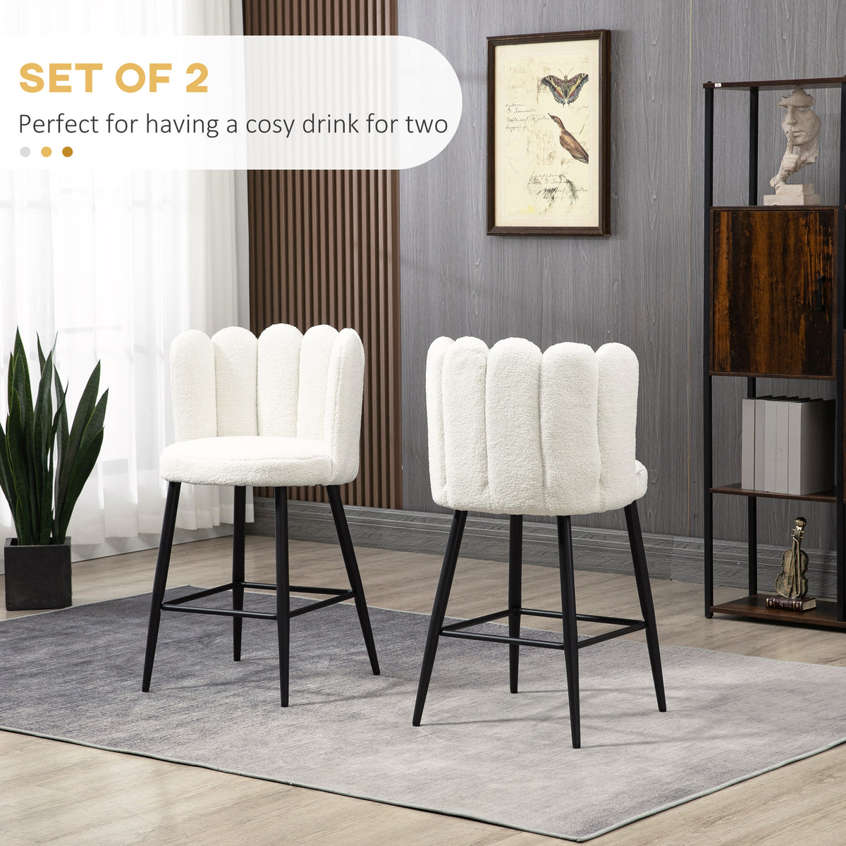 Faux Cashmere Bar Stools Set of 2 Counter Height Bar Stools with Back for Home Kitchen, 20.5"x19.7"x36.6", Cream